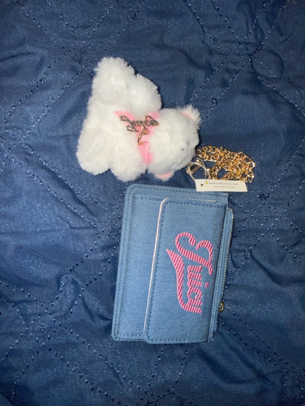 Juicy Couture Blue Denim Wallet with Pink Script Logo and White Plush Charm